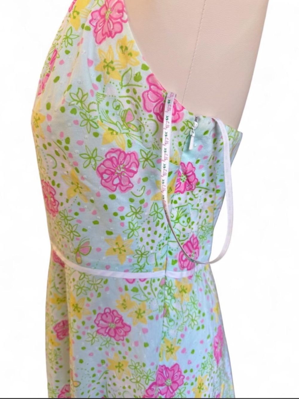 Vintage Lilly Pulitzer White & Pink Floral Swiss Dot Halter Dress - Size 10 - Picture 6 of 9